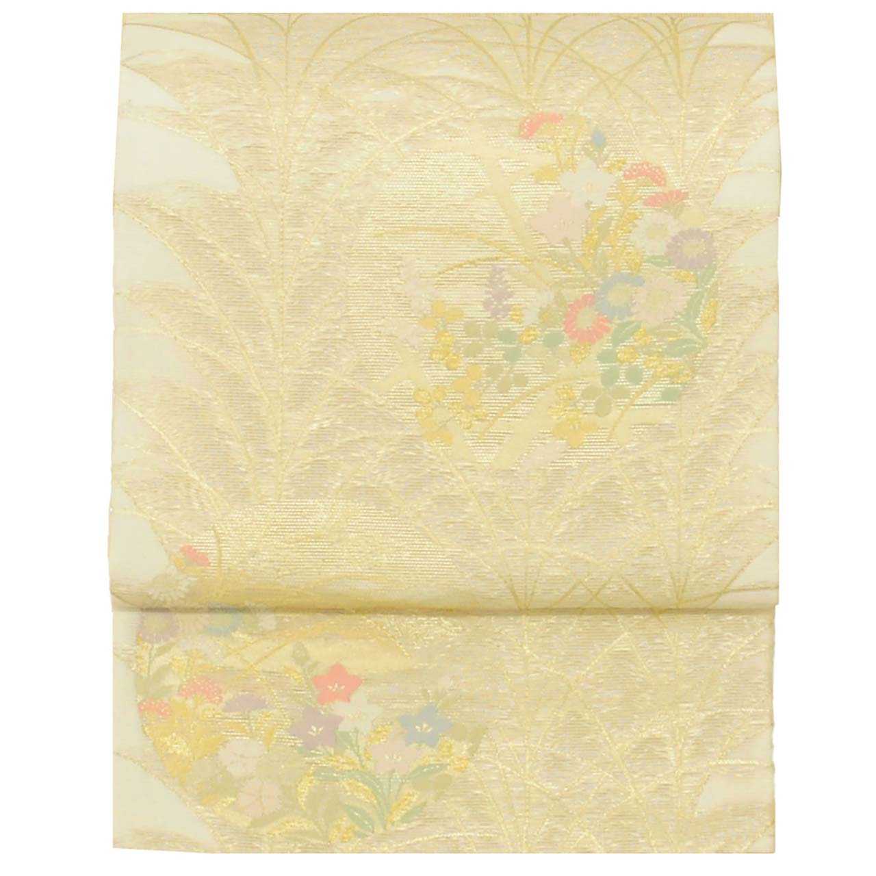 Vintage Japanese Obi | Summer Fukuro Obi | White Silk Sha | Shibagaki Floral | Gold Thread | Excellent | Sustainable | uu1593b