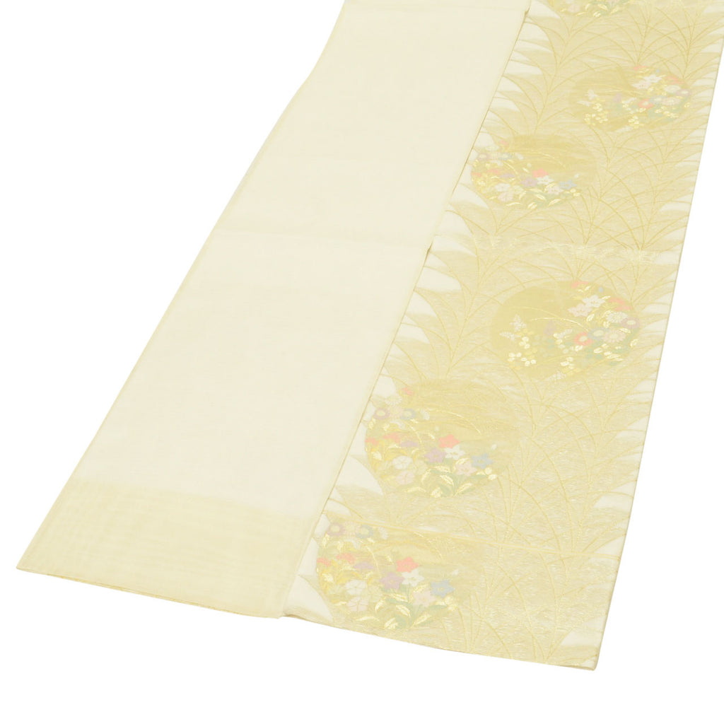 Vintage Japanese Obi | Summer Fukuro Obi | White Silk Sha | Shibagaki Floral | Gold Thread | Excellent | Sustainable | uu1593b