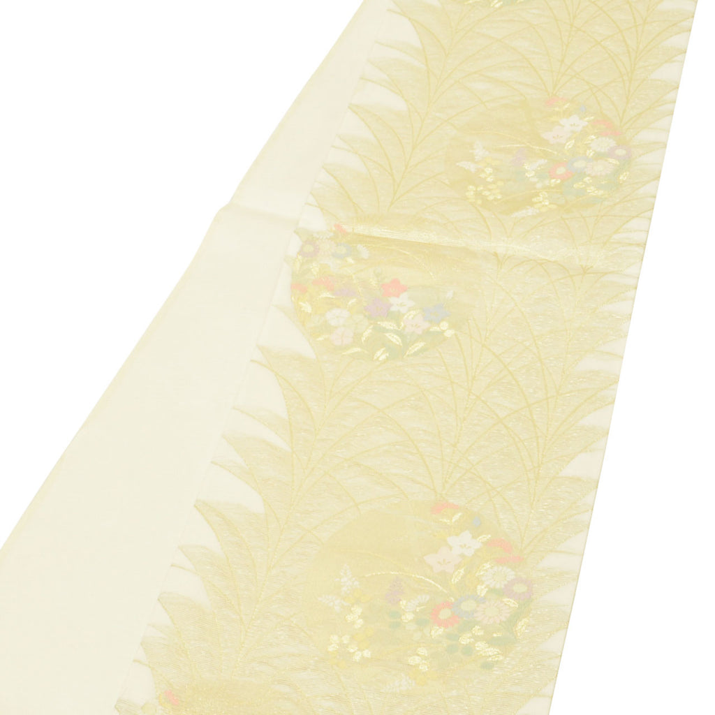 Vintage Japanese Obi | Summer Fukuro Obi | White Silk Sha | Shibagaki Floral | Gold Thread | Excellent | Sustainable | uu1593b