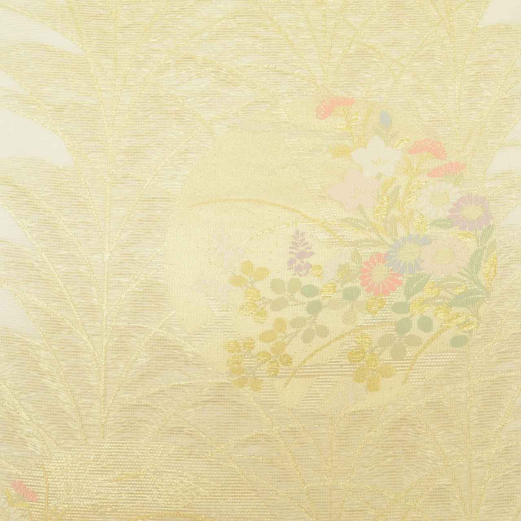 Vintage Japanese Obi | Summer Fukuro Obi | White Silk Sha | Shibagaki Floral | Gold Thread | Excellent | Sustainable | uu1593b