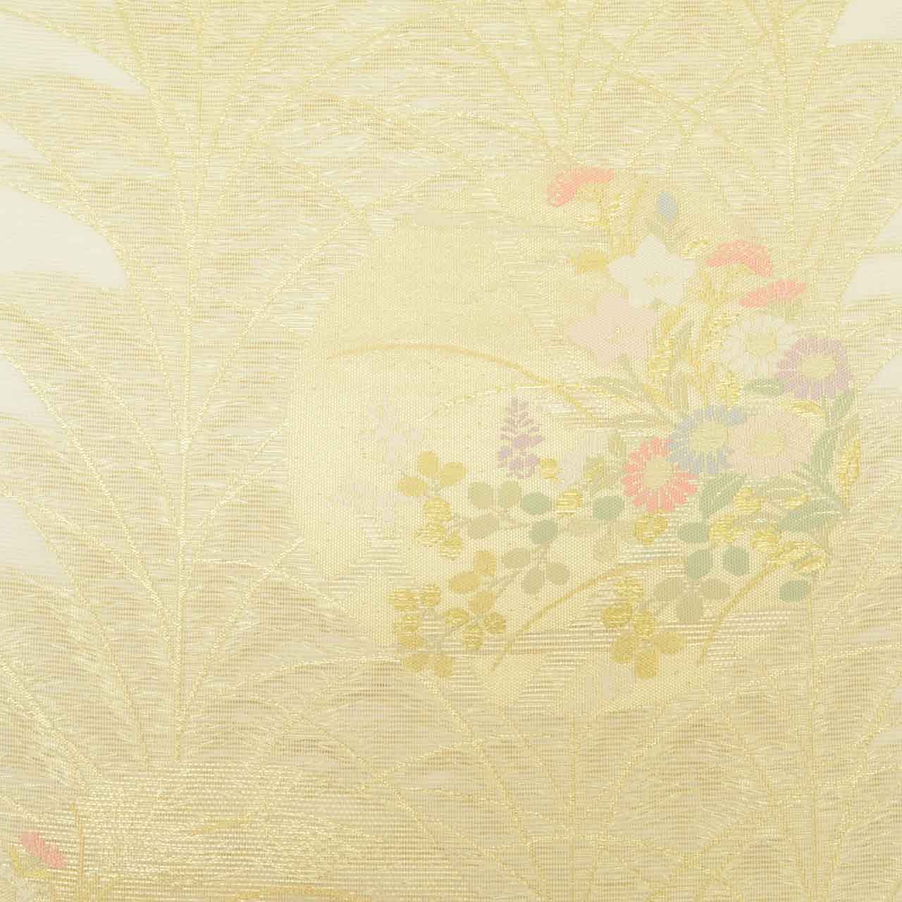 Vintage Japanese Obi | Summer Fukuro Obi | White Silk Sha | Shibagaki Floral | Gold Thread | Excellent | Sustainable | uu1593b