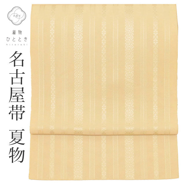 【中古】 名古屋帯 夏物 夏帯 正絹 八寸 リサイクル名古屋帯 仕立て上がり ベージュ色系 独古柄 紗 博多織 全通柄 uu1596b