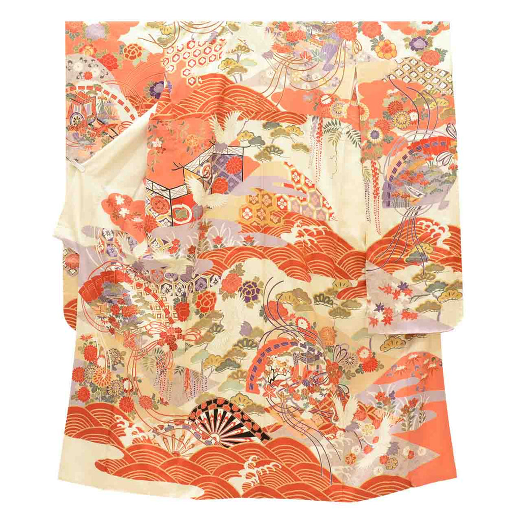 [Used] Recycled Kimono, Furisode (long-sleeved kimono), Vintage Furisode, Pure Silk, Size L, Excellent Condition, Length 163.0cm (64.2in), Gold Embroidery, Sleeve Length 66.5cm (26.2in), Lined, Ready-made, White, Fan, Crane, Flower, Wave, Reuse uu1618b 