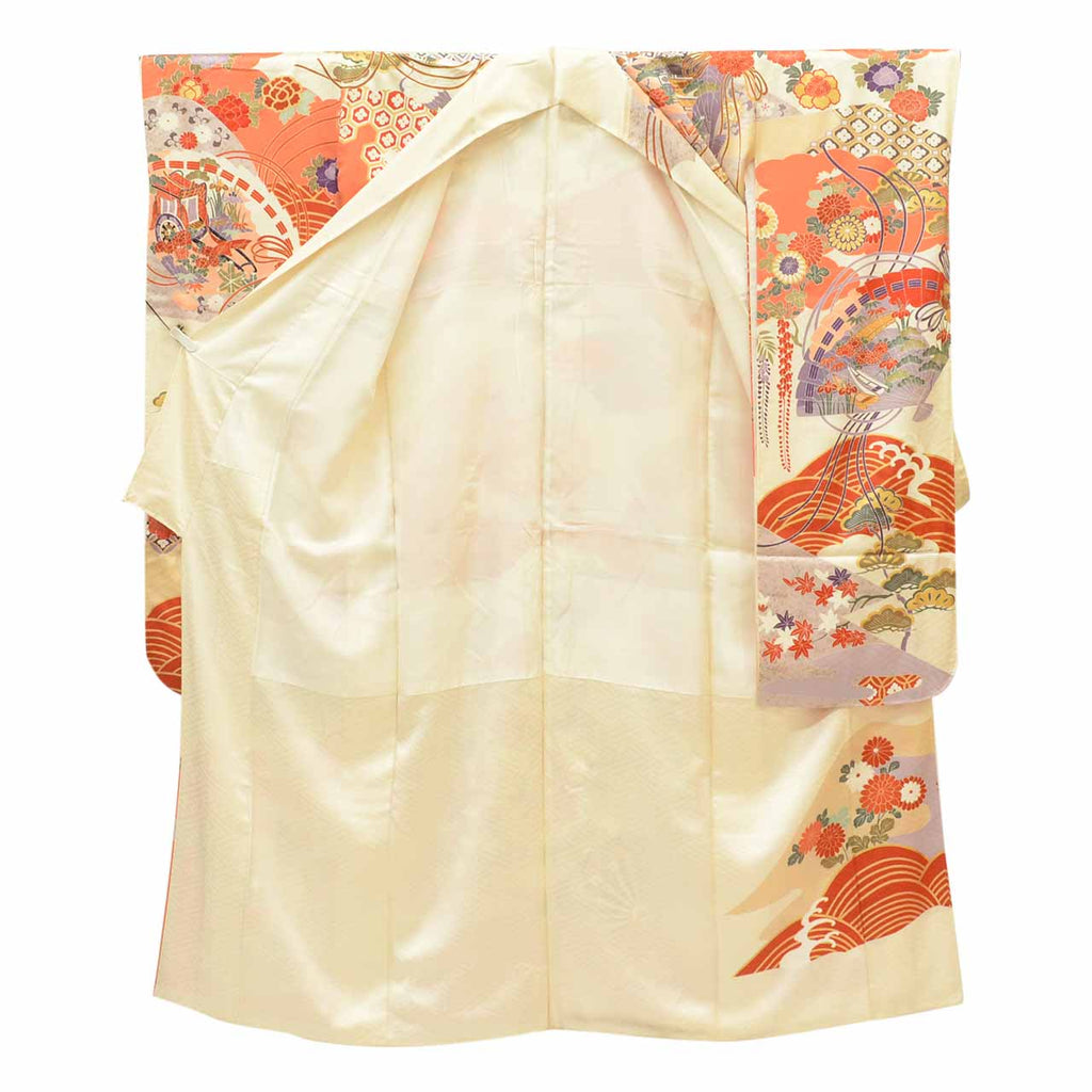 [Used] Recycled Kimono, Furisode (long-sleeved kimono), Vintage Furisode, Pure Silk, Size L, Excellent Condition, Length 163.0cm (64.2in), Gold Embroidery, Sleeve Length 66.5cm (26.2in), Lined, Ready-made, White, Fan, Crane, Flower, Wave, Reuse uu1618b 