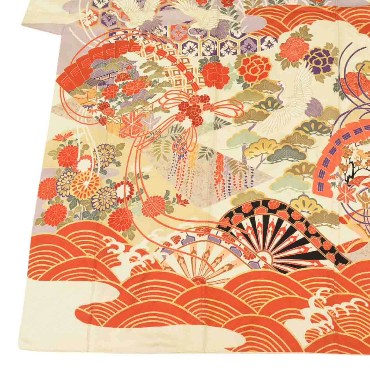[Used] Recycled Kimono, Furisode (long-sleeved kimono), Vintage Furisode, Pure Silk, Size L, Excellent Condition, Length 163.0cm (64.2in), Gold Embroidery, Sleeve Length 66.5cm (26.2in), Lined, Ready-made, White, Fan, Crane, Flower, Wave, Reuse uu1618b 