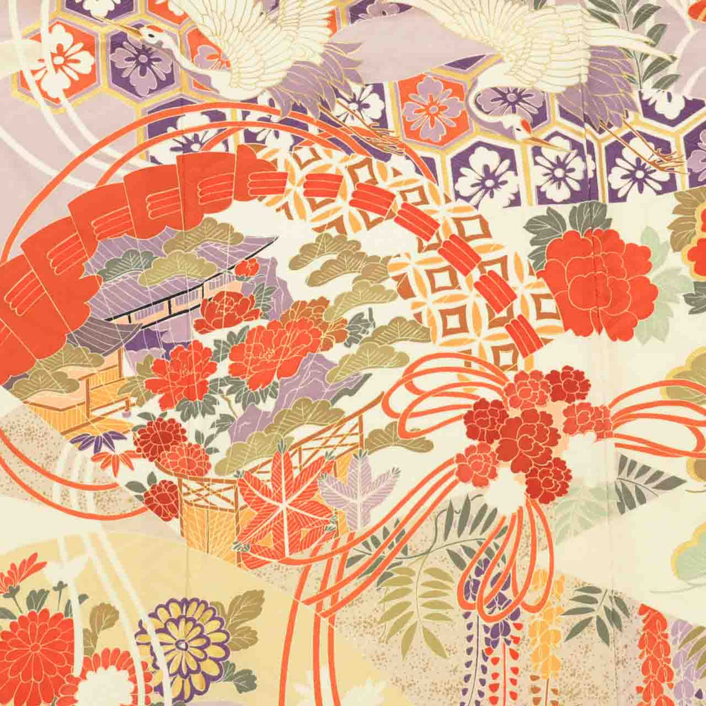 [Used] Recycled Kimono, Furisode (long-sleeved kimono), Vintage Furisode, Pure Silk, Size L, Excellent Condition, Length 163.0cm (64.2in), Gold Embroidery, Sleeve Length 66.5cm (26.2in), Lined, Ready-made, White, Fan, Crane, Flower, Wave, Reuse uu1618b 