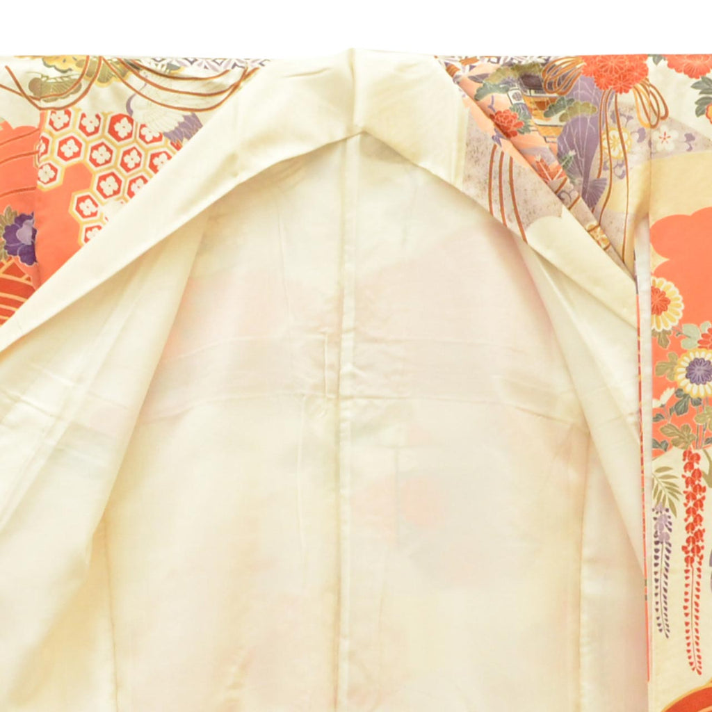 [Used] Recycled Kimono, Furisode (long-sleeved kimono), Vintage Furisode, Pure Silk, Size L, Excellent Condition, Length 163.0cm (64.2in), Gold Embroidery, Sleeve Length 66.5cm (26.2in), Lined, Ready-made, White, Fan, Crane, Flower, Wave, Reuse uu1618b 