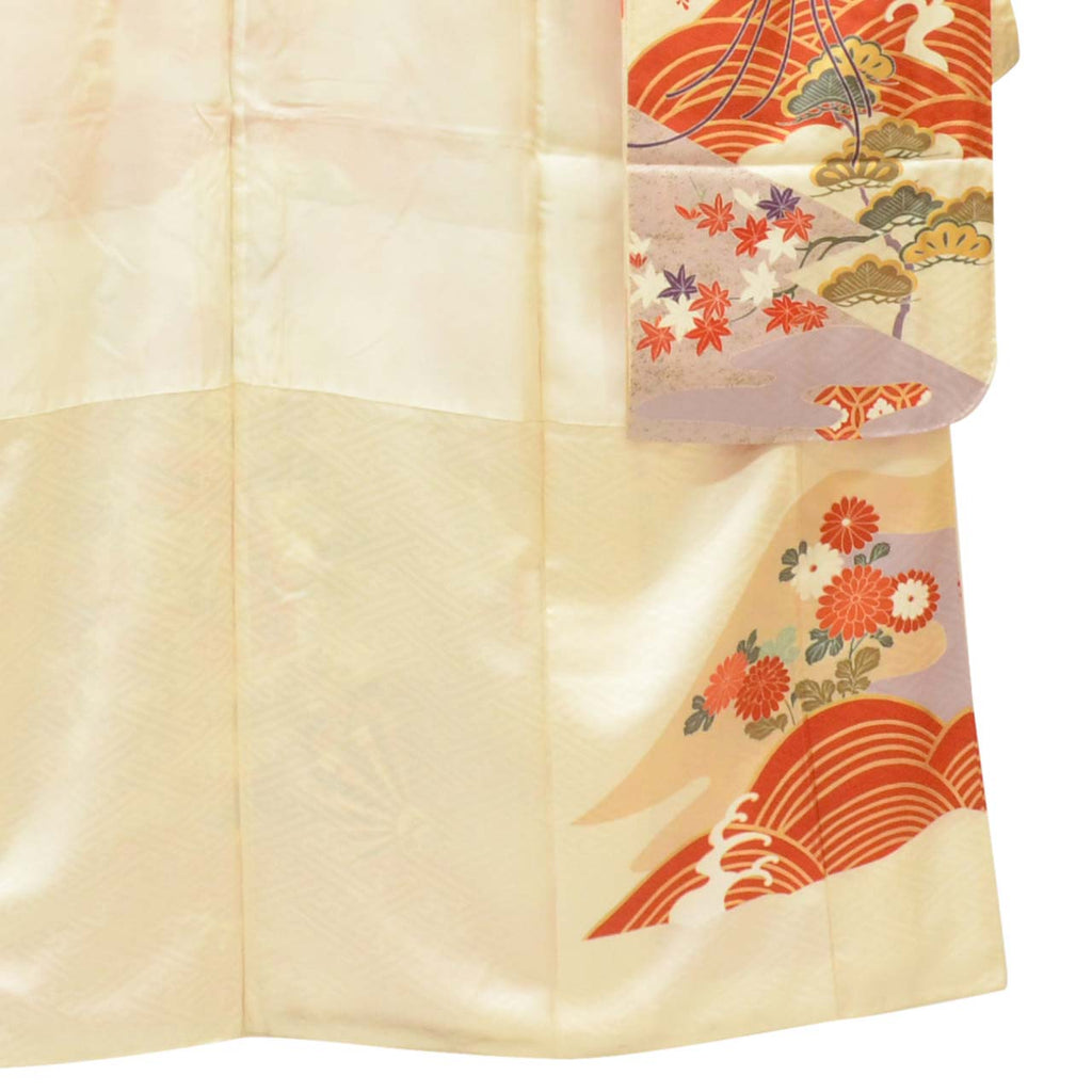 [Used] Recycled Kimono, Furisode (long-sleeved kimono), Vintage Furisode, Pure Silk, Size L, Excellent Condition, Length 163.0cm (64.2in), Gold Embroidery, Sleeve Length 66.5cm (26.2in), Lined, Ready-made, White, Fan, Crane, Flower, Wave, Reuse uu1618b 