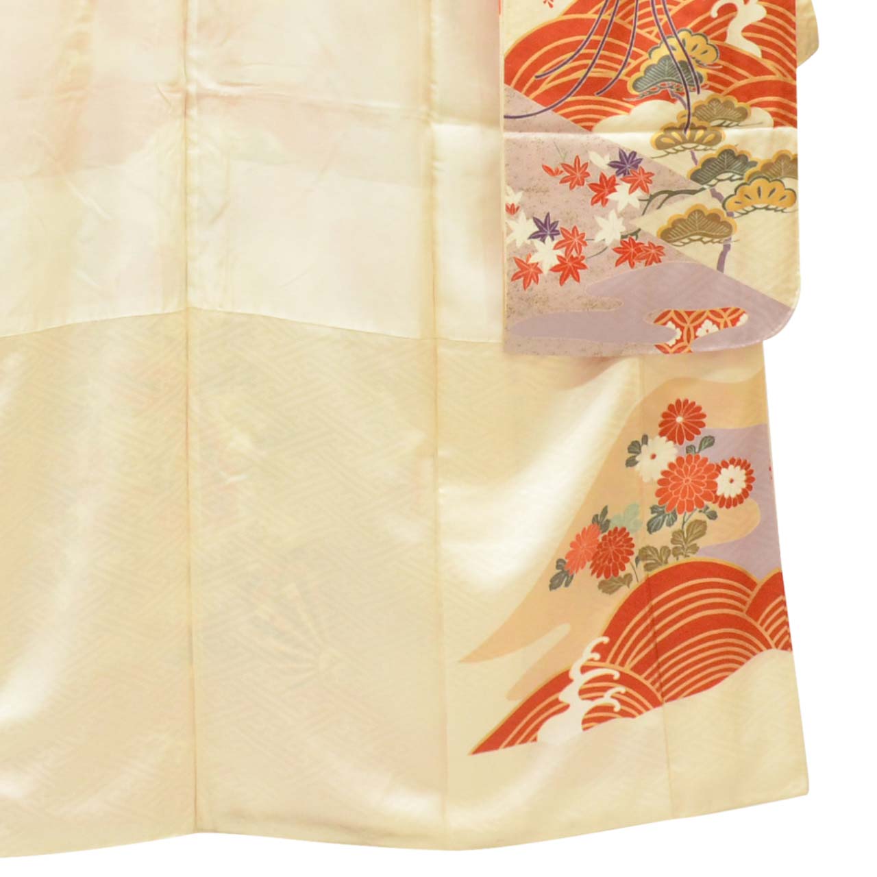 [Used] Recycled Kimono, Furisode (long-sleeved kimono), Vintage Furisode, Pure Silk, Size L, Excellent Condition, Length 163.0cm (64.2in), Gold Embroidery, Sleeve Length 66.5cm (26.2in), Lined, Ready-made, White, Fan, Crane, Flower, Wave, Reuse uu1618b 