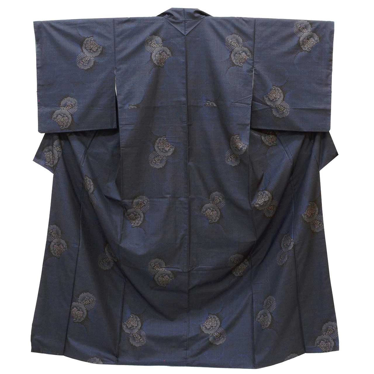 Vintage Japanese Kimono | Oshima Tsumugi | Navy Silk | Snow Circle Floral | 7-thread | Kata-su | Size L-L | Sustainable | uu1628b