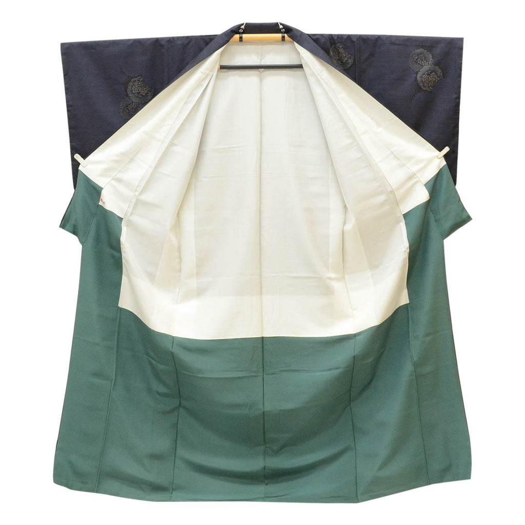 Vintage Japanese Kimono | Oshima Tsumugi | Navy Silk | Snow Circle Floral | 7-thread | Kata-su | Size L-L | Sustainable | uu1628b