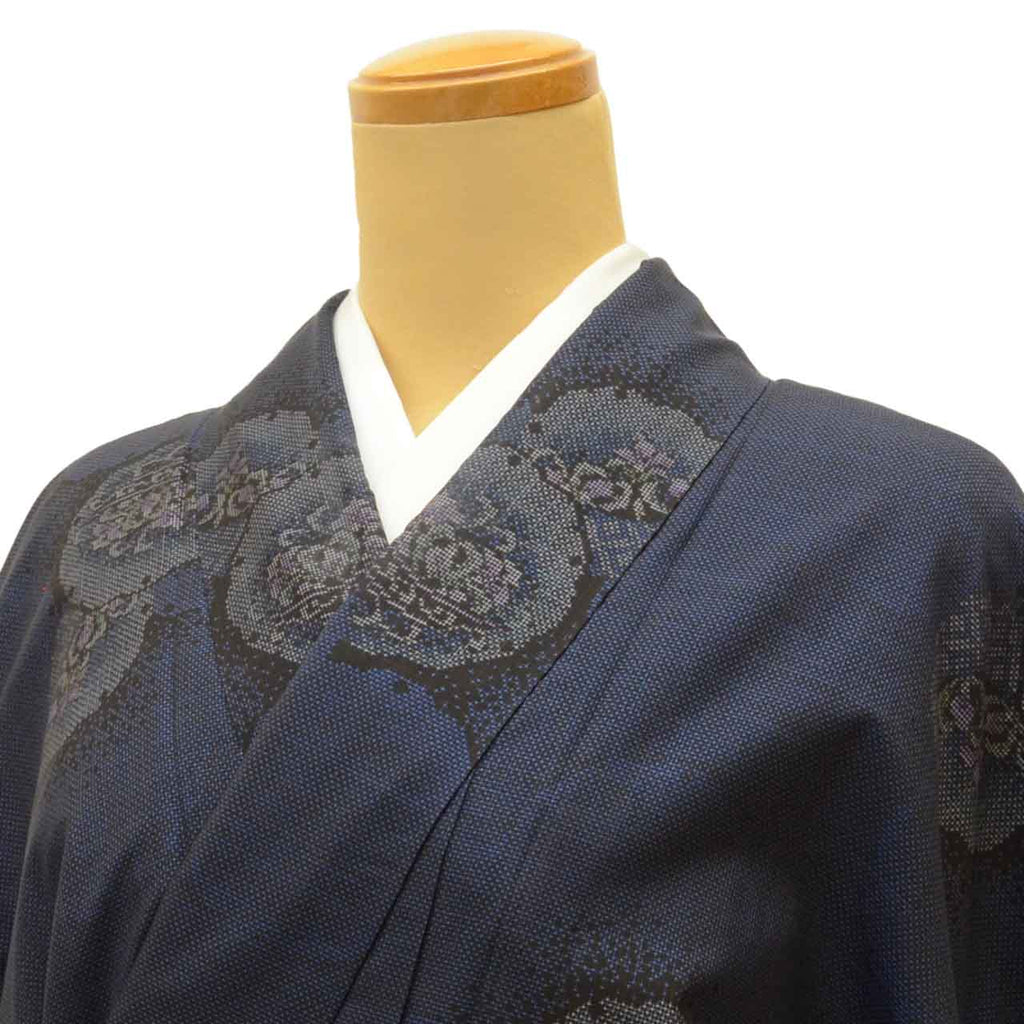 Vintage Japanese Kimono | Oshima Tsumugi | Navy Silk | Snow Circle Floral | 7-thread | Kata-su | Size L-L | Sustainable | uu1628b