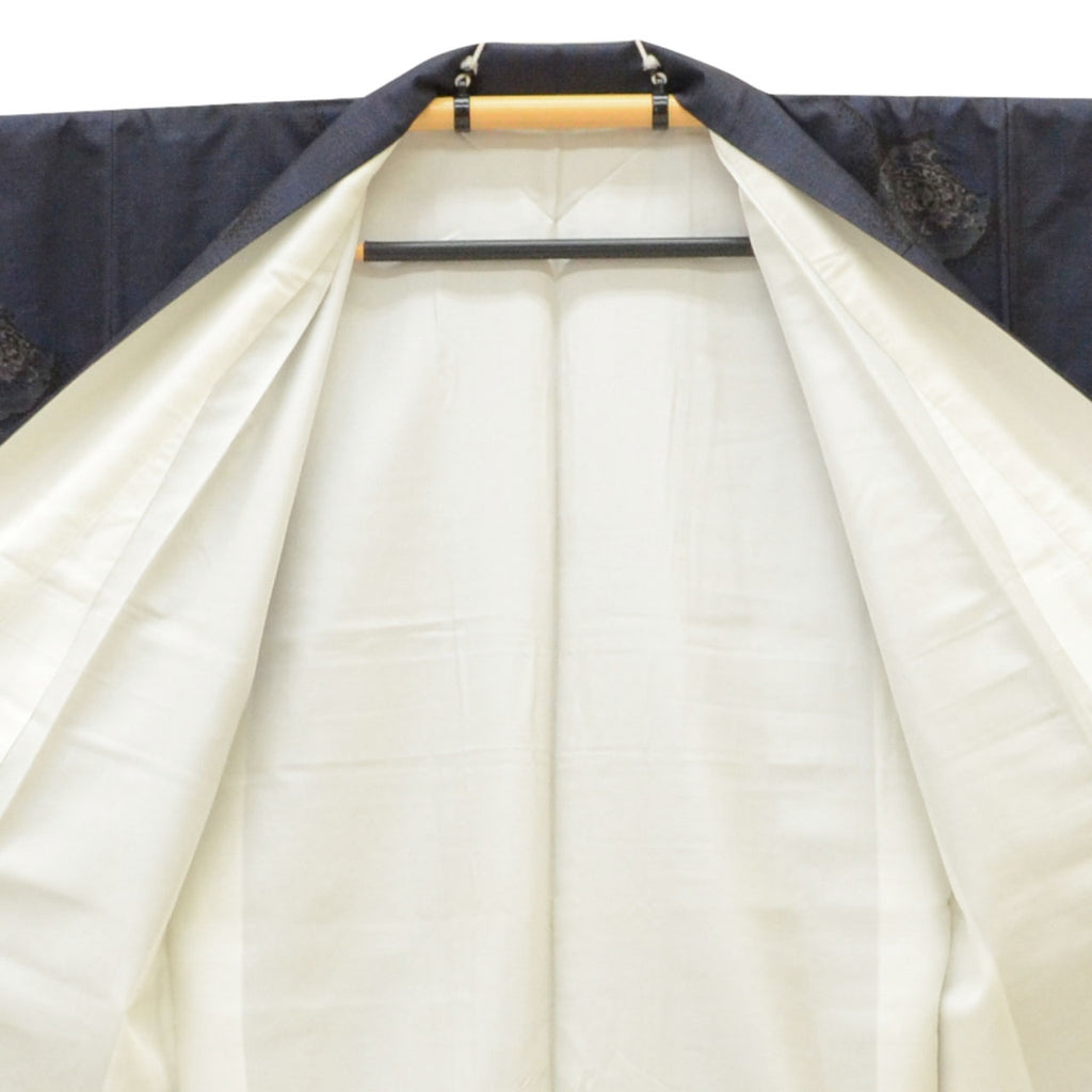Vintage Japanese Kimono | Oshima Tsumugi | Navy Silk | Snow Circle Floral | 7-thread | Kata-su | Size L-L | Sustainable | uu1628b