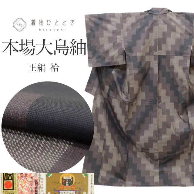 【中古】 本場奄美大島紬 リサイクル 着物 リユース 正絹 絹 SILK シルク Lサイズ 特選逸品 身丈162.7cm 池田重子 純手織り 裄丈64cm 袷 仕立て上がり 未使用品 美品 証紙有り uu1646b