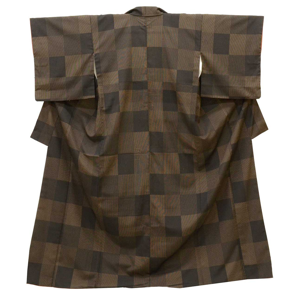 Vintage Japanese Kimono | Shiozawa Tsumugi | Brown Silk | Ichimatsu Checkerboard | Size L-L | Sustainable | uu1654b