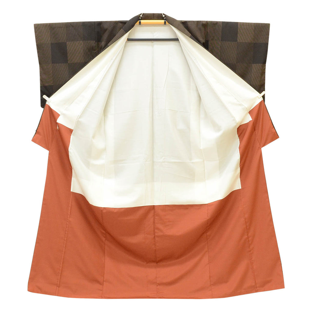 Vintage Japanese Kimono | Shiozawa Tsumugi | Brown Silk | Ichimatsu Checkerboard | Size L-L | Sustainable | uu1654b