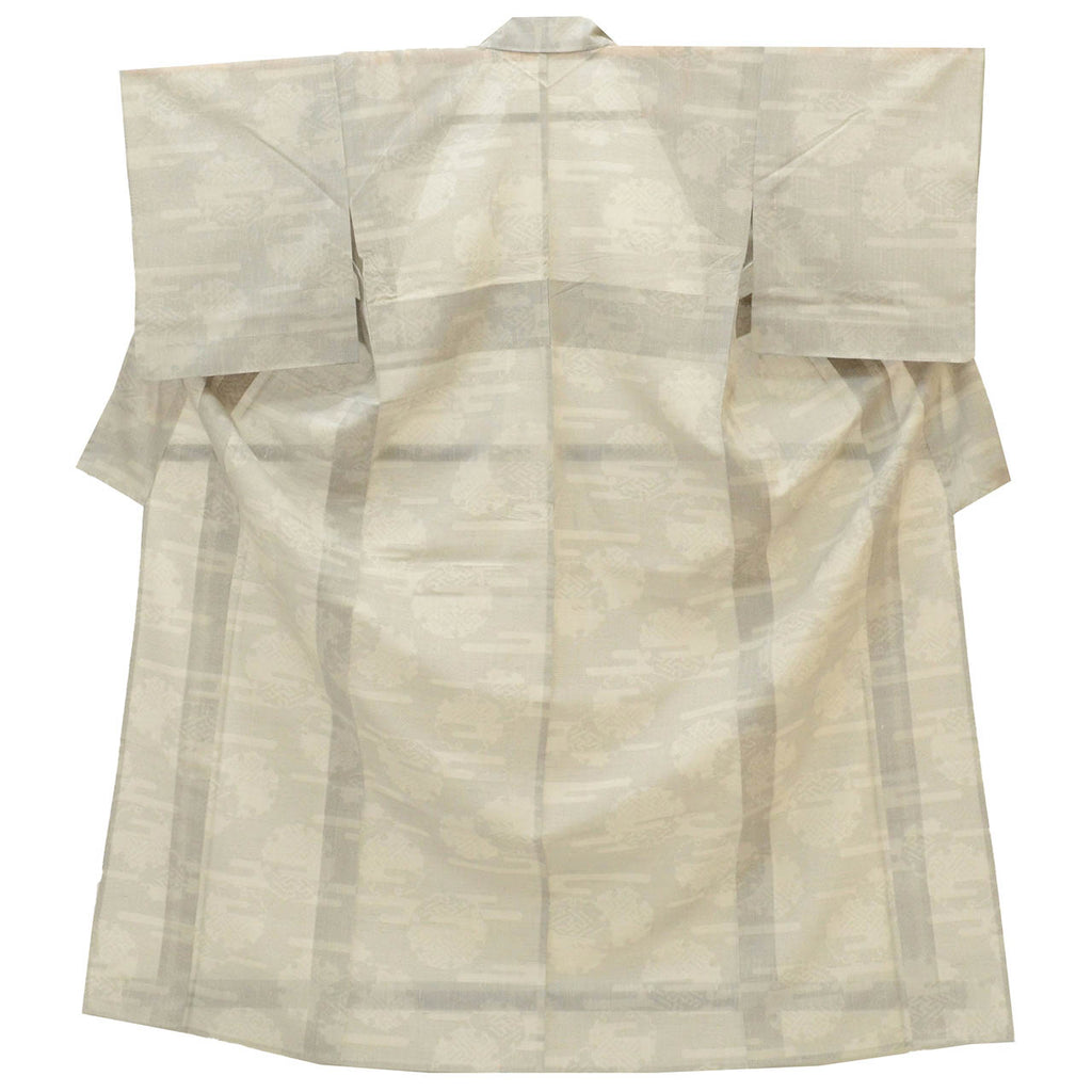 Vintage Japanese Kimono | Summer Yuki Tsumugi | Gray Silk Linen | Snow Circle Igasuri | Excellent | Size L-L | Sustainable | uu1658b