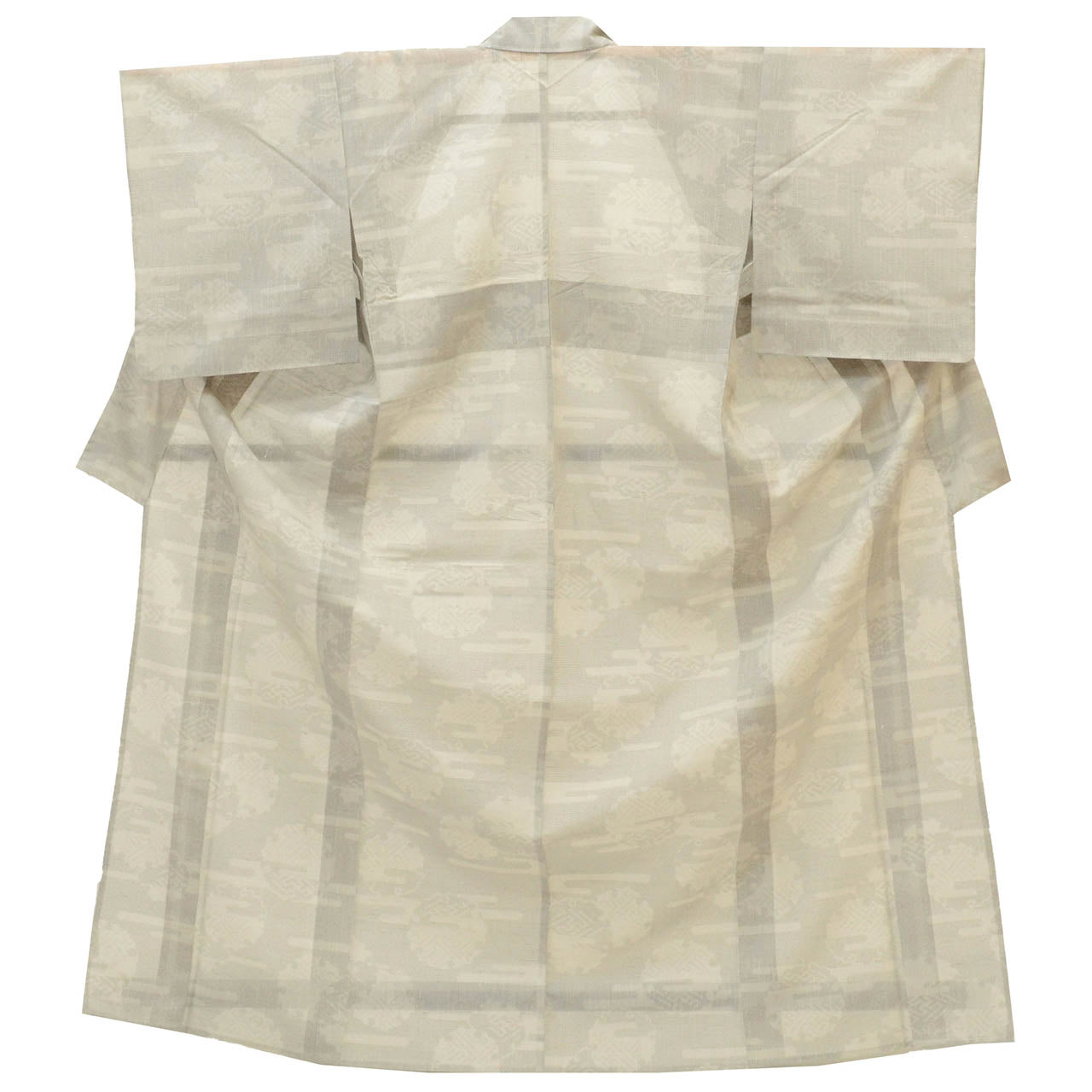 Vintage Japanese Kimono | Summer Yuki Tsumugi | Gray Silk Linen | Snow Circle Igasuri | Excellent | Size L-L | Sustainable | uu1658b