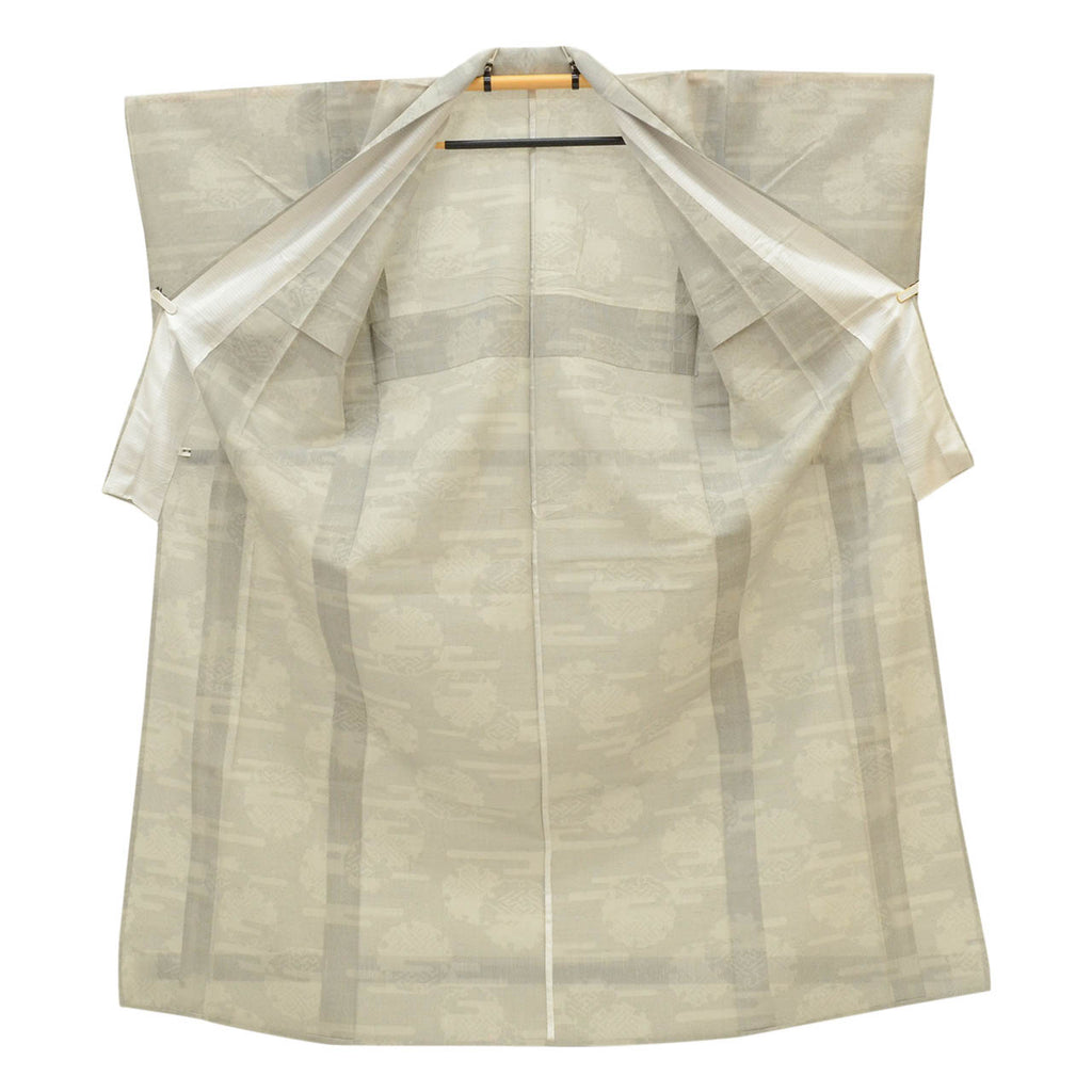 Vintage Japanese Kimono | Summer Yuki Tsumugi | Gray Silk Linen | Snow Circle Igasuri | Excellent | Size L-L | Sustainable | uu1658b