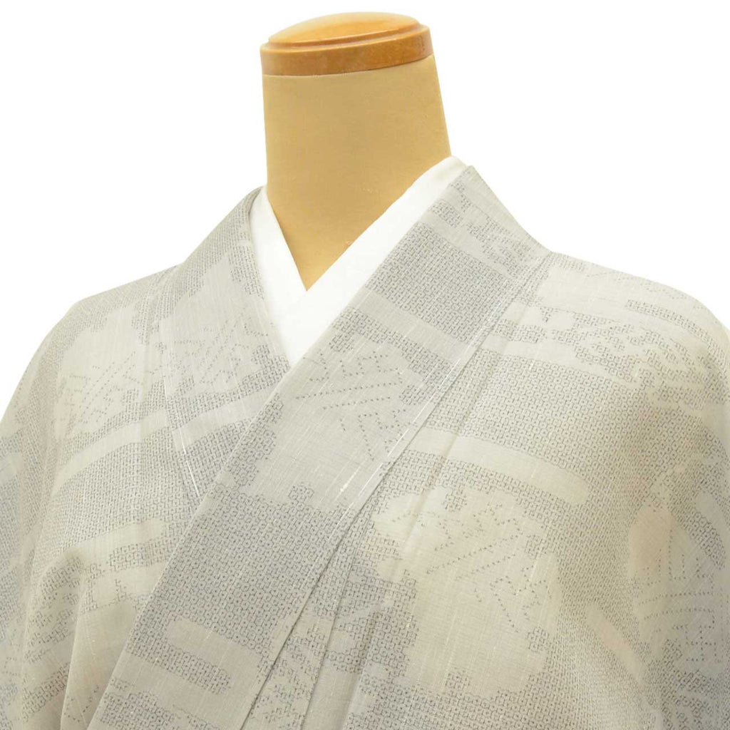Vintage Japanese Kimono | Summer Yuki Tsumugi | Gray Silk Linen | Snow Circle Igasuri | Excellent | Size L-L | Sustainable | uu1658b