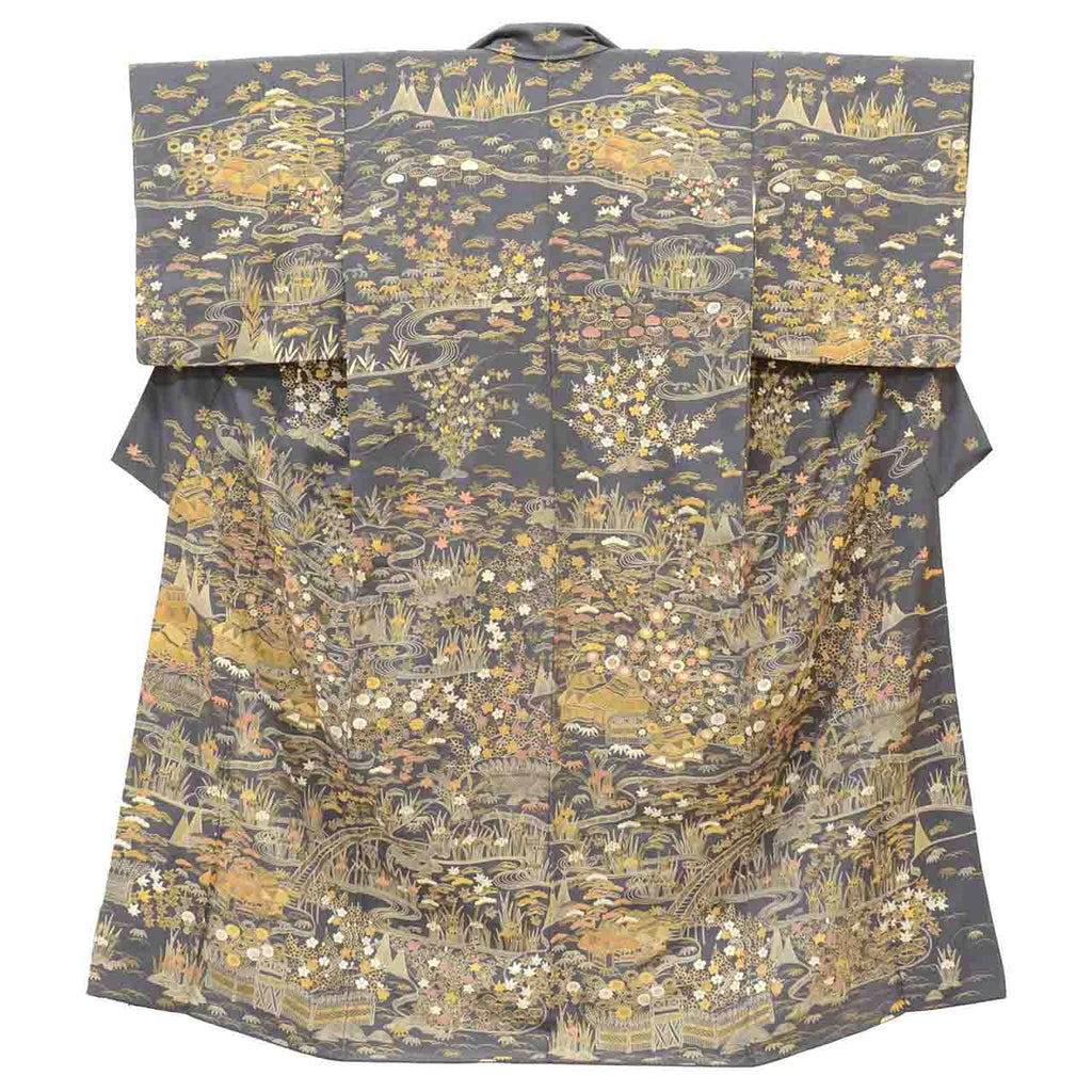 [Used] Recycled Kimono, Visiting Kimono, Pure Silk, Gray, Flowing Water and Floral Embroidery, Gold Leaf, Lined, Size M (Slightly Plus Size L), Length 157cm, Sleeve Length 63cm, Excellent Condition, Ready-made, Reused, Kimono Hitotoki uu1660b 