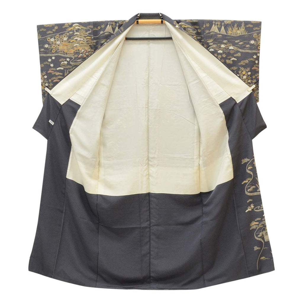 [Used] Recycled Kimono, Visiting Kimono, Pure Silk, Gray, Flowing Water and Floral Embroidery, Gold Leaf, Lined, Size M (Slightly Plus Size L), Length 157cm, Sleeve Length 63cm, Excellent Condition, Ready-made, Reused, Kimono Hitotoki uu1660b 