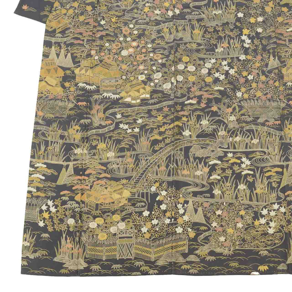 [Used] Recycled Kimono, Visiting Kimono, Pure Silk, Gray, Flowing Water and Floral Embroidery, Gold Leaf, Lined, Size M (Slightly Plus Size L), Length 157cm, Sleeve Length 63cm, Excellent Condition, Ready-made, Reused, Kimono Hitotoki uu1660b 