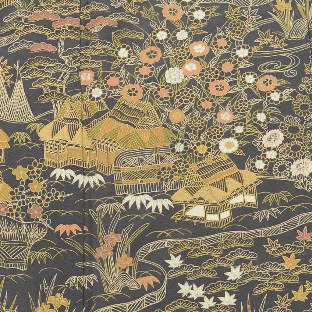 [Used] Recycled Kimono, Visiting Kimono, Pure Silk, Gray, Flowing Water and Floral Embroidery, Gold Leaf, Lined, Size M (Slightly Plus Size L), Length 157cm, Sleeve Length 63cm, Excellent Condition, Ready-made, Reused, Kimono Hitotoki uu1660b 