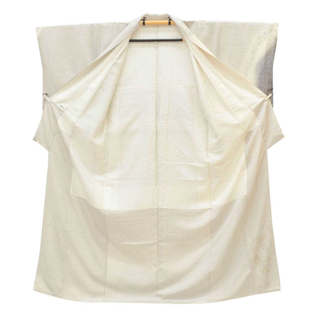 [Used] Recycled Kimono, Visiting Kimono, Pure Silk, Size M, Excellent Condition, Length 160cm, Sleeve Length 64.8cm, Lined, Ready-made, Beautiful Condition, Unused, Tango Chirimen Silk, Gold Leaf, Gray, Hemp Leaf Pattern, Reused uu1661b 