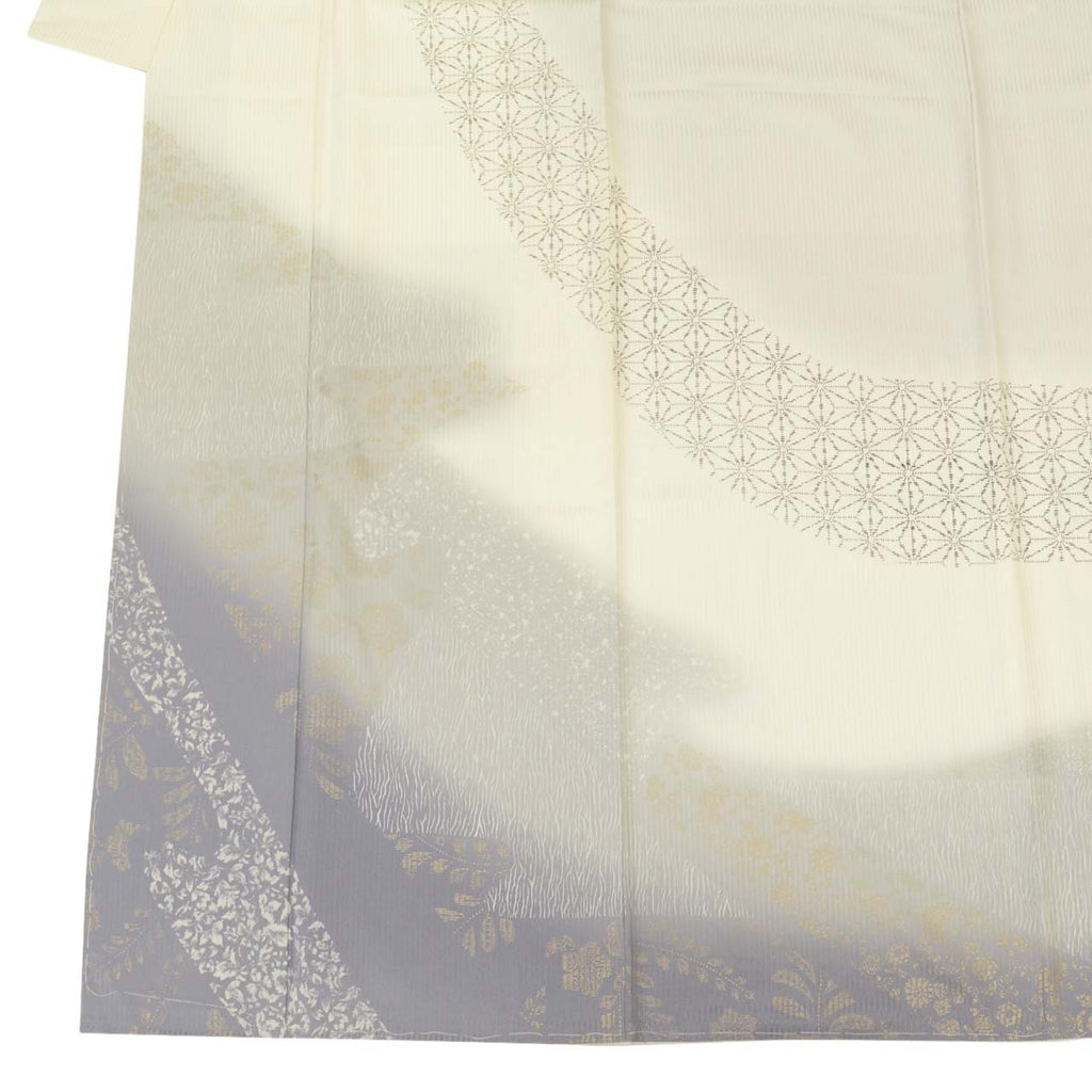 [Used] Recycled Kimono, Visiting Kimono, Pure Silk, Size M, Excellent Condition, Length 160cm, Sleeve Length 64.8cm, Lined, Ready-made, Beautiful Condition, Unused, Tango Chirimen Silk, Gold Leaf, Gray, Hemp Leaf Pattern, Reused uu1661b 