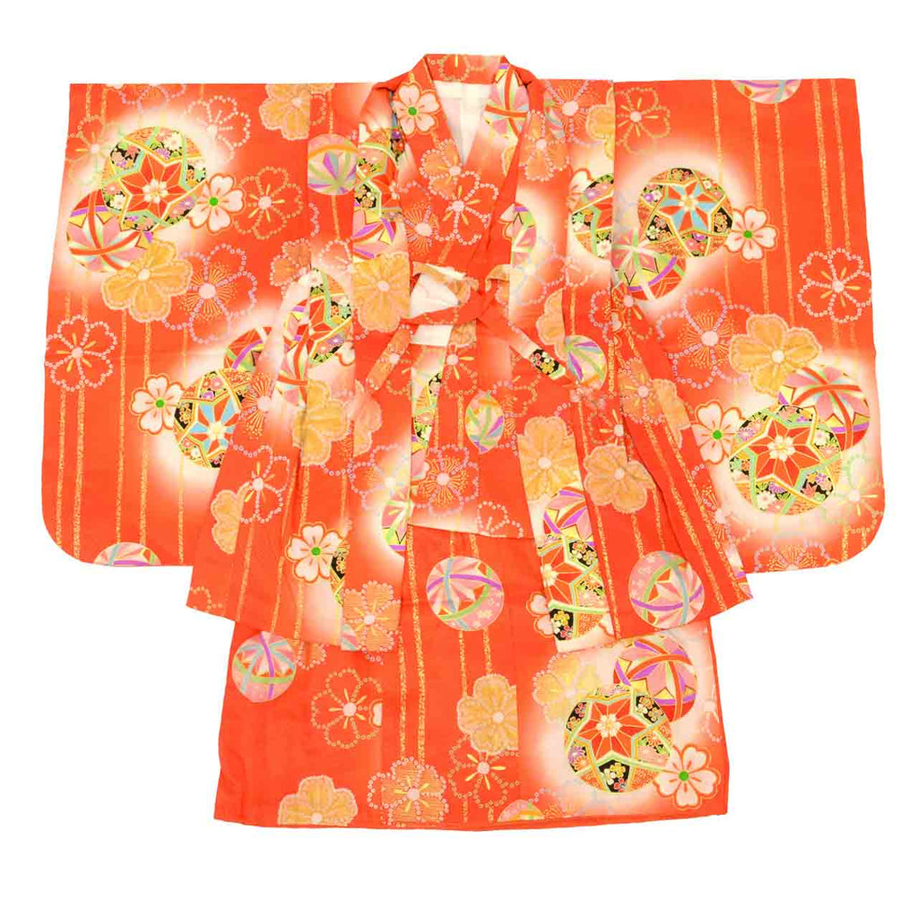 [Used] Recycled Kimono, Children's Kimono and Haori Set, Girl's, Pure Silk, Recycled Haori Ensemble, Ready-made, Sleeve Length 38.0cm (15.0in), Body Length 72.0cm (28.3in), Red, Ball Pattern, Gold Embellishments, uu1671b 