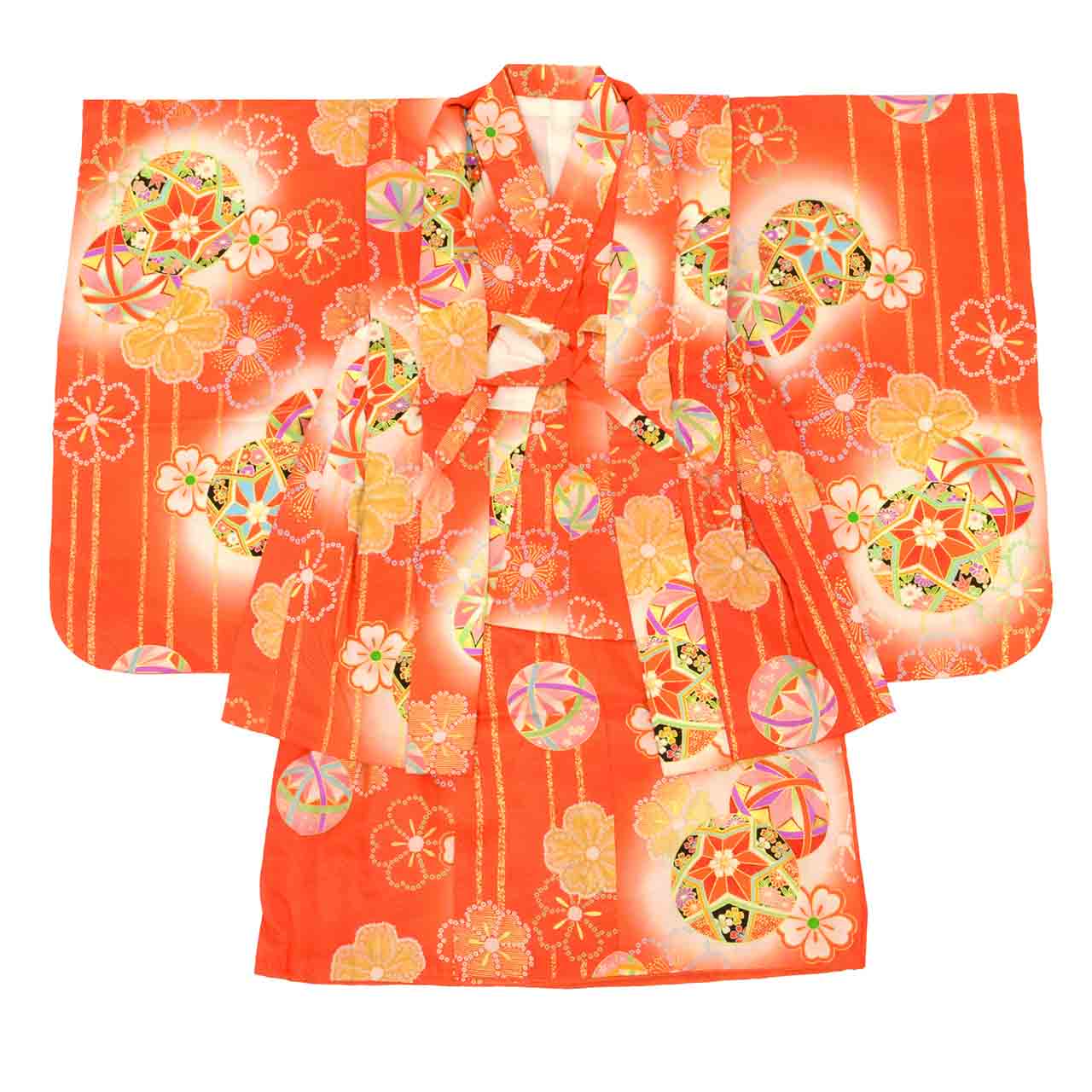 [Used] Recycled Kimono, Children's Kimono and Haori Set, Girl's, Pure Silk, Recycled Haori Ensemble, Ready-made, Sleeve Length 38.0cm (15.0in), Body Length 72.0cm (28.3in), Red, Ball Pattern, Gold Embellishments, uu1671b 