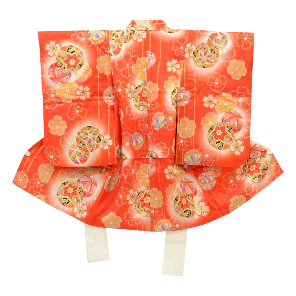[Used] Recycled Kimono, Children's Kimono and Haori Set, Girl's, Pure Silk, Recycled Haori Ensemble, Ready-made, Sleeve Length 38.0cm (15.0in), Body Length 72.0cm (28.3in), Red, Ball Pattern, Gold Embellishments, uu1671b 