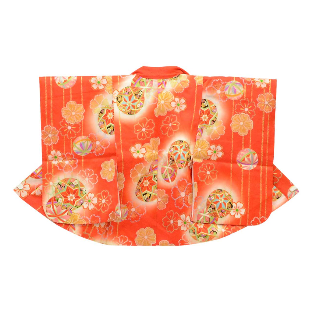 [Used] Recycled Kimono, Children's Kimono and Haori Set, Girl's, Pure Silk, Recycled Haori Ensemble, Ready-made, Sleeve Length 38.0cm (15.0in), Body Length 72.0cm (28.3in), Red, Ball Pattern, Gold Embellishments, uu1671b 
