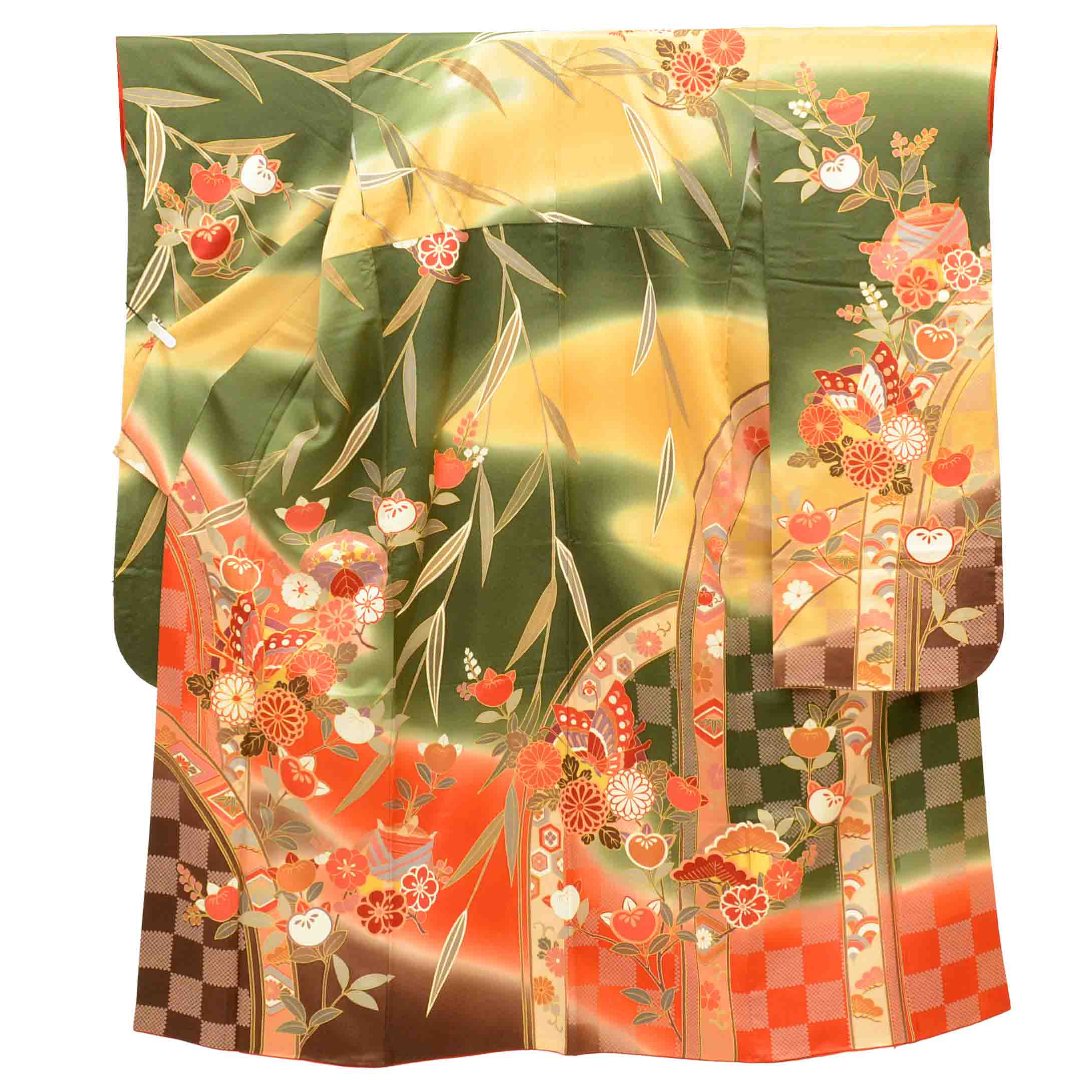 [Used] Recycled Kimono, Furisode (long-sleeved kimono), Vintage Furisode, Pure Silk, Size M, Excellent Condition, Length 159cm, Sleeve Length 66cm, Lined, Ready-made, Gold Embroidery, Green, Mandarin Orange, Butterfly, Pine, Chrysanthemum, uu1676b 