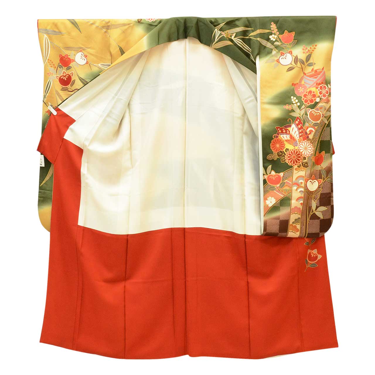 [Used] Recycled Kimono, Furisode (long-sleeved kimono), Vintage Furisode, Pure Silk, Size M, Excellent Condition, Length 159cm, Sleeve Length 66cm, Lined, Ready-made, Gold Embroidery, Green, Mandarin Orange, Butterfly, Pine, Chrysanthemum, uu1676b 