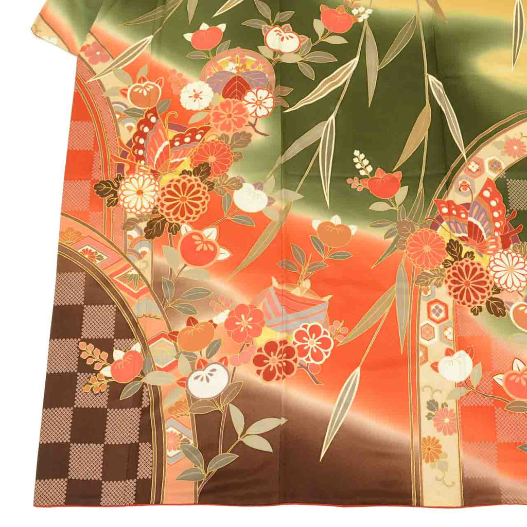 [Used] Recycled Kimono, Furisode (long-sleeved kimono), Vintage Furisode, Pure Silk, Size M, Excellent Condition, Length 159cm, Sleeve Length 66cm, Lined, Ready-made, Gold Embroidery, Green, Mandarin Orange, Butterfly, Pine, Chrysanthemum, uu1676b 