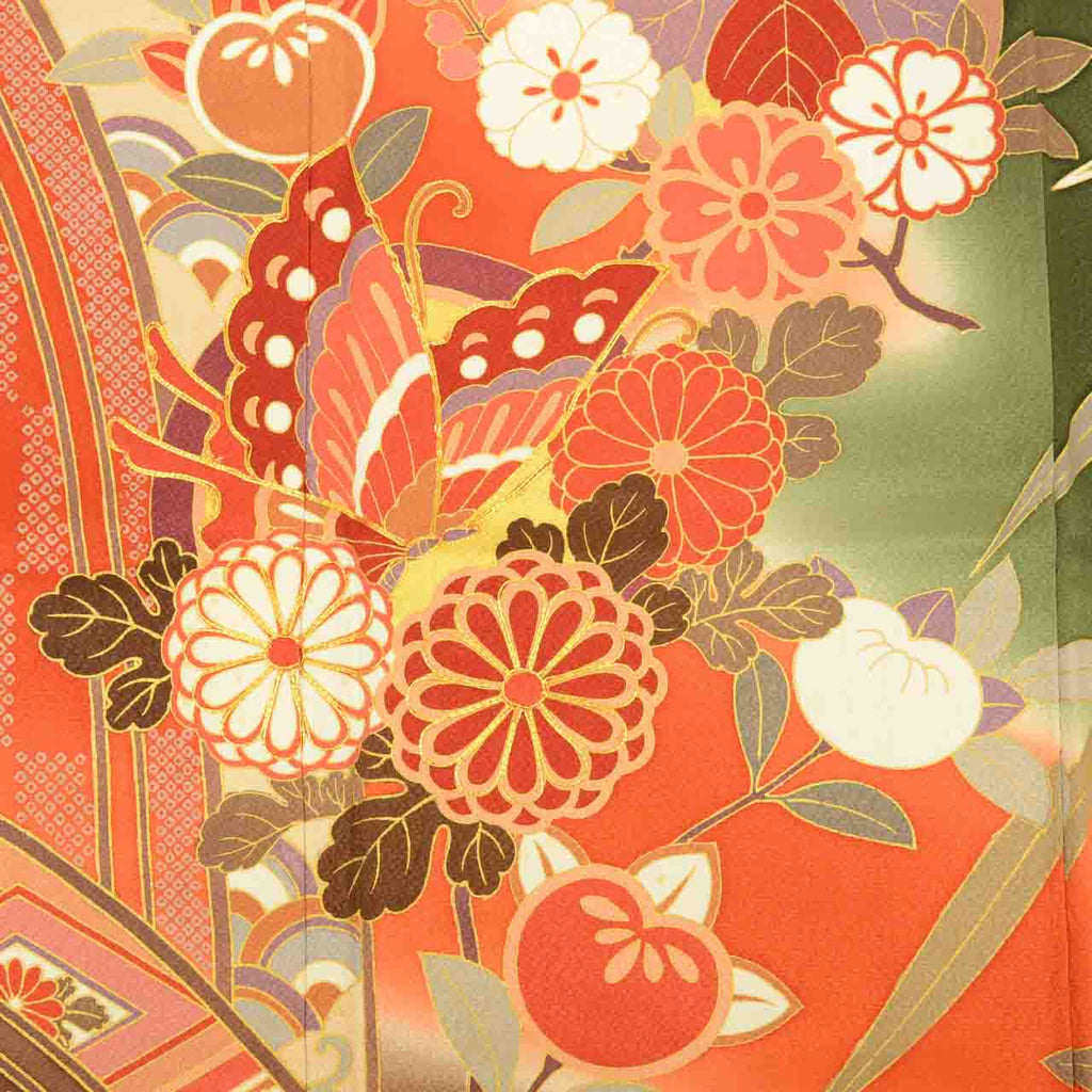 [Used] Recycled Kimono, Furisode (long-sleeved kimono), Vintage Furisode, Pure Silk, Size M, Excellent Condition, Length 159cm, Sleeve Length 66cm, Lined, Ready-made, Gold Embroidery, Green, Mandarin Orange, Butterfly, Pine, Chrysanthemum, uu1676b 