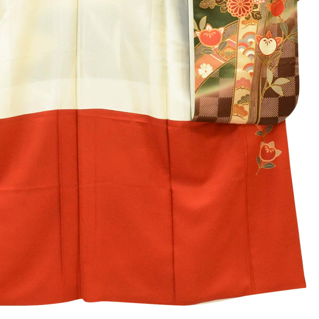 [Used] Recycled Kimono, Furisode (long-sleeved kimono), Vintage Furisode, Pure Silk, Size M, Excellent Condition, Length 159cm, Sleeve Length 66cm, Lined, Ready-made, Gold Embroidery, Green, Mandarin Orange, Butterfly, Pine, Chrysanthemum, uu1676b 
