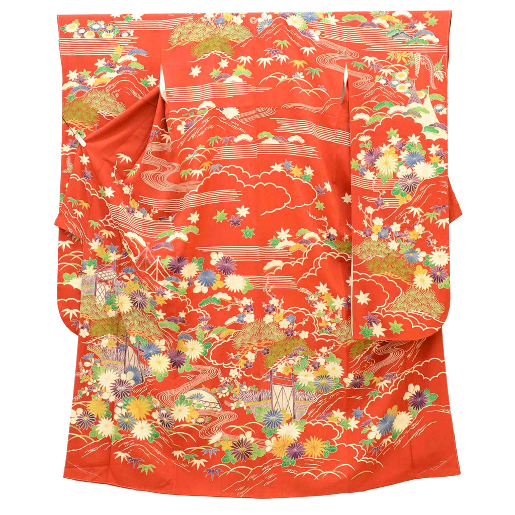 [Used] Recycled Kimono, Furisode (long-sleeved kimono), Vintage Furisode, Pure Silk, Size LL (for tall, plus-size, slightly plump), Good Condition, Length 173.5cm (68.3in), Sleeve Length 68.5cm (27.0in), Lined, Ready-made, uu1680b 
