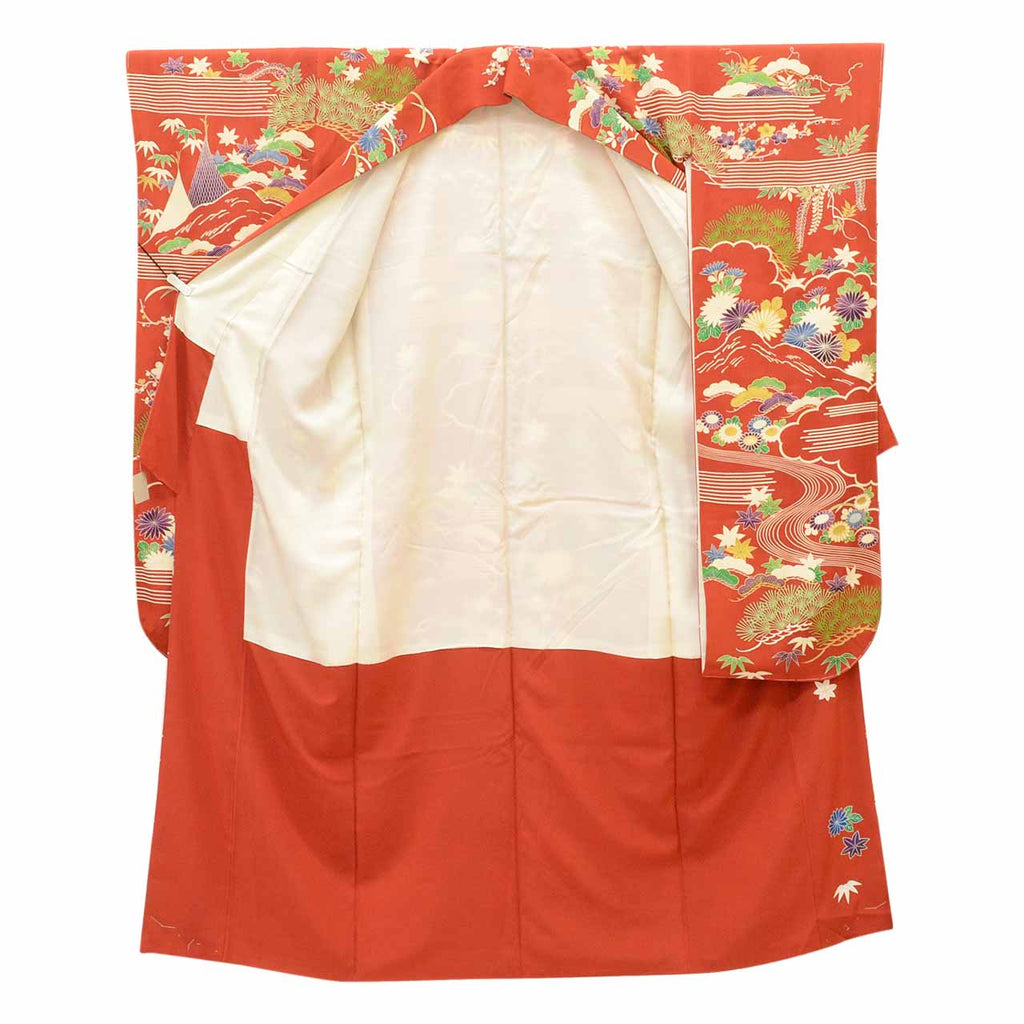 [Used] Recycled Kimono, Furisode (long-sleeved kimono), Vintage Furisode, Pure Silk, Size LL (for tall, plus-size, slightly plump), Good Condition, Length 173.5cm (68.3in), Sleeve Length 68.5cm (27.0in), Lined, Ready-made, uu1680b 