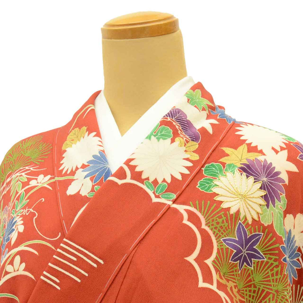 [Used] Recycled Kimono, Furisode (long-sleeved kimono), Vintage Furisode, Pure Silk, Size LL (for tall, plus-size, slightly plump), Good Condition, Length 173.5cm (68.3in), Sleeve Length 68.5cm (27.0in), Lined, Ready-made, uu1680b 
