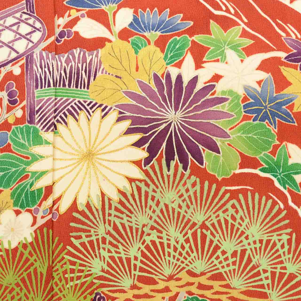 [Used] Recycled Kimono, Furisode (long-sleeved kimono), Vintage Furisode, Pure Silk, Size LL (for tall, plus-size, slightly plump), Good Condition, Length 173.5cm (68.3in), Sleeve Length 68.5cm (27.0in), Lined, Ready-made, uu1680b 