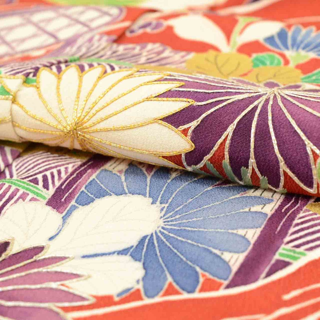 [Used] Recycled Kimono, Furisode (long-sleeved kimono), Vintage Furisode, Pure Silk, Size LL (for tall, plus-size, slightly plump), Good Condition, Length 173.5cm (68.3in), Sleeve Length 68.5cm (27.0in), Lined, Ready-made, uu1680b 
