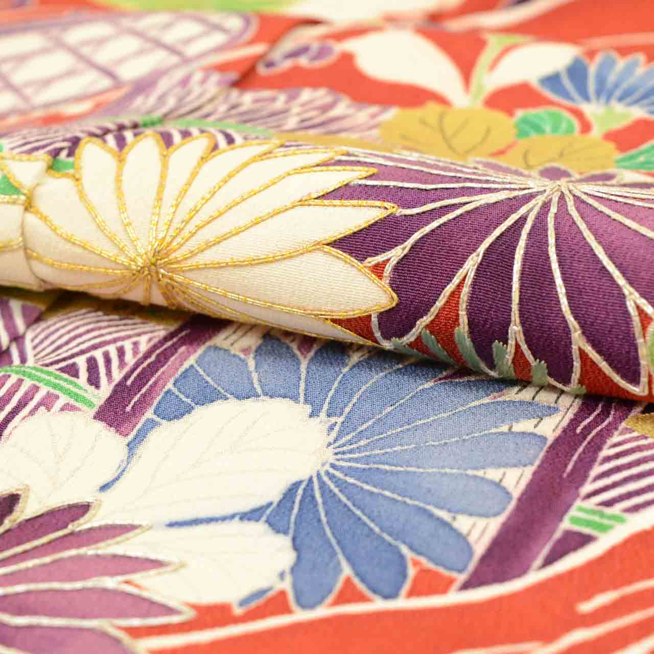 [Used] Recycled Kimono, Furisode (long-sleeved kimono), Vintage Furisode, Pure Silk, Size LL (for tall, plus-size, slightly plump), Good Condition, Length 173.5cm (68.3in), Sleeve Length 68.5cm (27.0in), Lined, Ready-made, uu1680b 