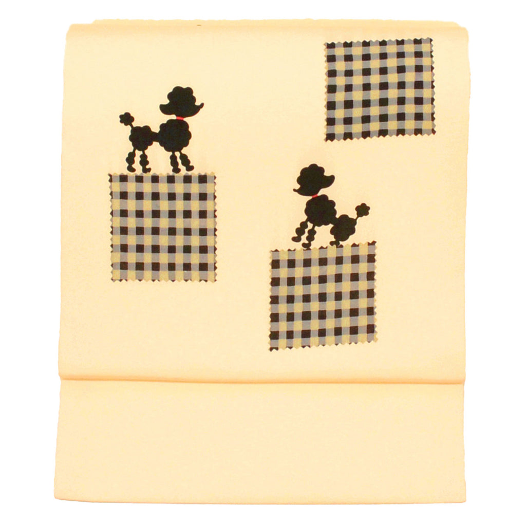 Vintage Japanese Obi | Nagoya Obi | Cream Silk Habutae | Toy Poodle Tartan | Dye-painted | Excellent | Sustainable | uu1692b