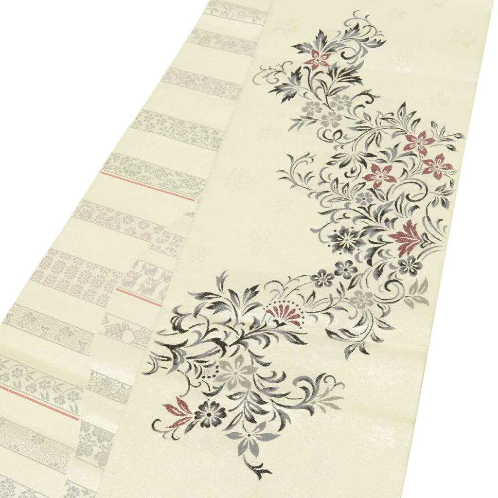 Vintage Japanese Obi | Hon-bukuro Obi | White Silk | Floral Arabesque | Silver Thread | 4-way Style | Excellent | Sustainable | uu1696b