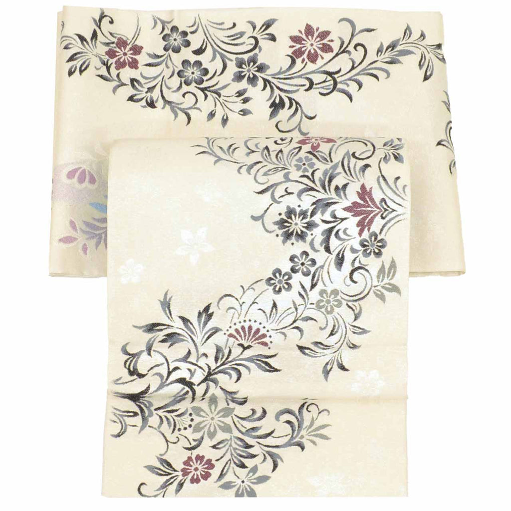 Vintage Japanese Obi | Hon-bukuro Obi | White Silk | Floral Arabesque | Silver Thread | 4-way Style | Excellent | Sustainable | uu1696b