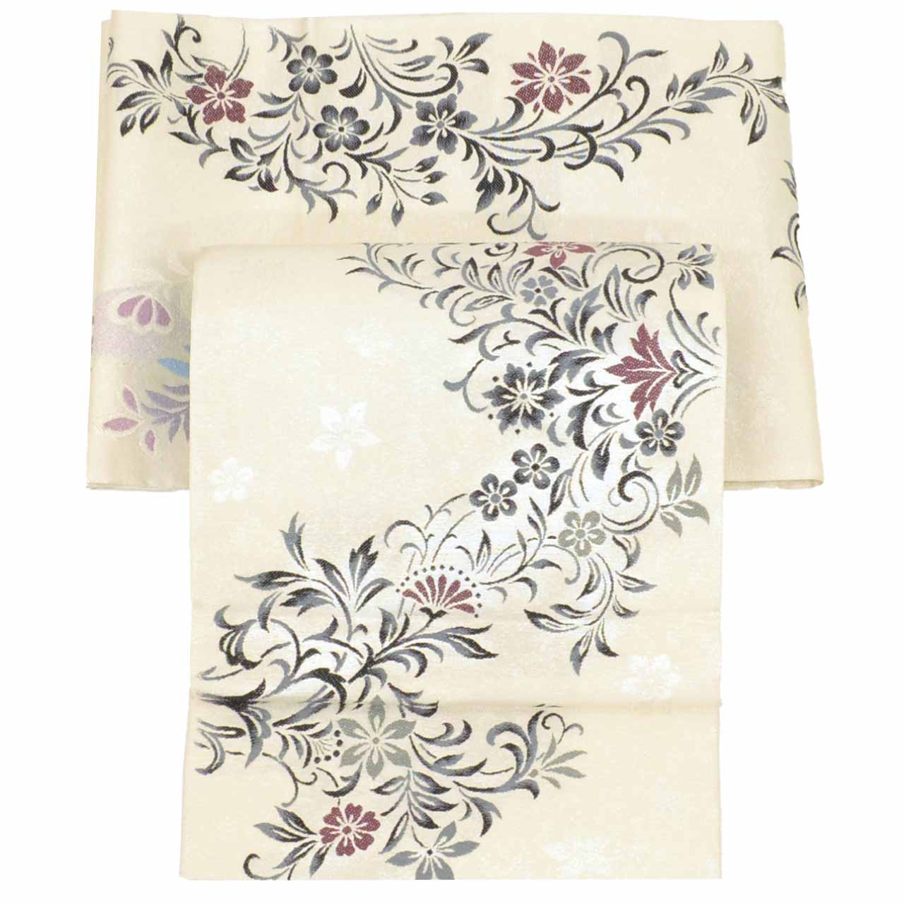 Vintage Japanese Obi | Hon-bukuro Obi | White Silk | Floral Arabesque | Silver Thread | 4-way Style | Excellent | Sustainable | uu1696b