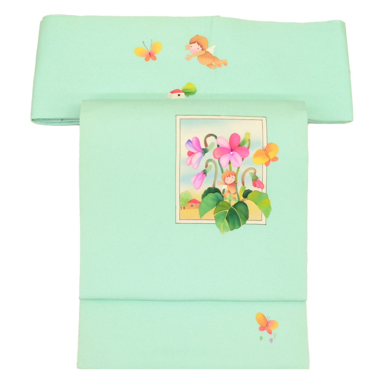 Vintage Japanese Obi | Nagoya Obi | Green Silk Habutae | Fairy Floral | Dye-painted | Casual | Sustainable | uu1702b